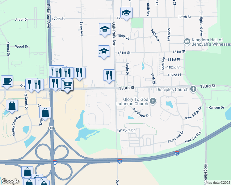 map of restaurants, bars, coffee shops, grocery stores, and more near 18336 Oak Park Avenue in Tinley Park
