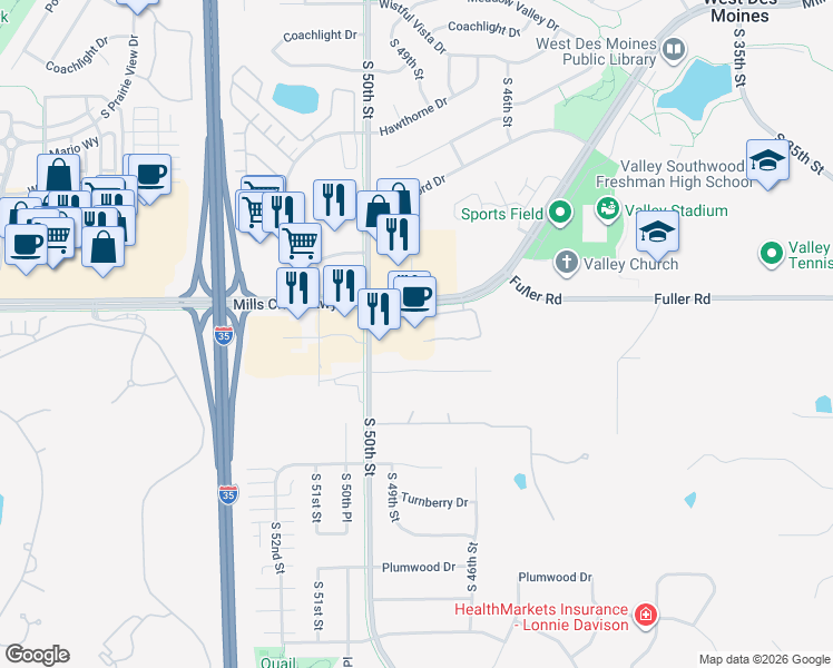 map of restaurants, bars, coffee shops, grocery stores, and more near 4800 Mills Civic Parkway in West Des Moines