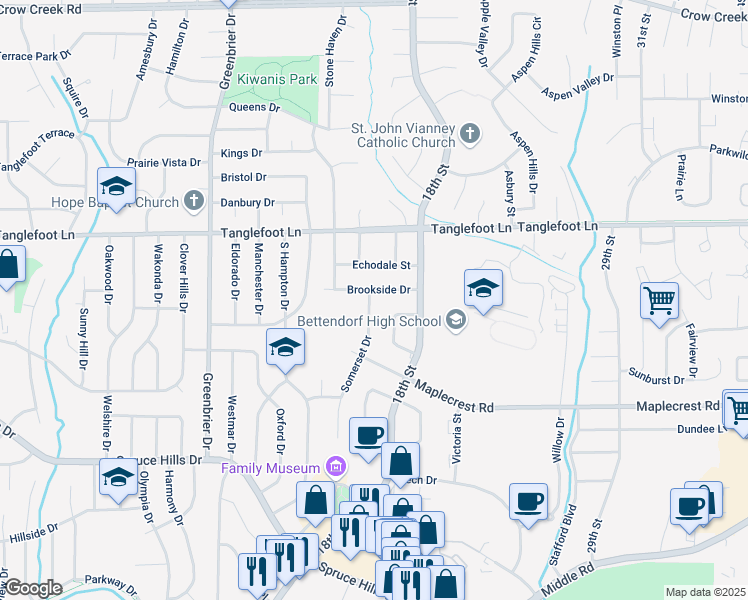 map of restaurants, bars, coffee shops, grocery stores, and more near 3511 Somerset Drive in Bettendorf