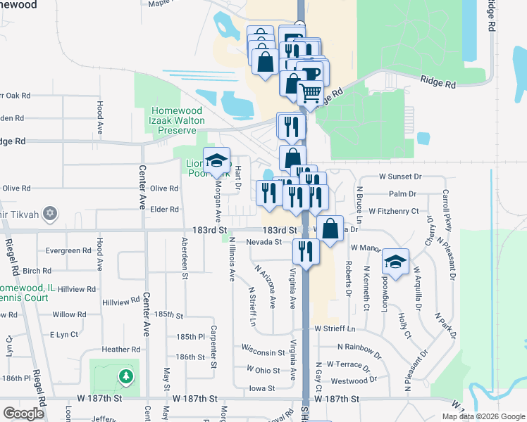 map of restaurants, bars, coffee shops, grocery stores, and more near 830 Elder Road in Homewood
