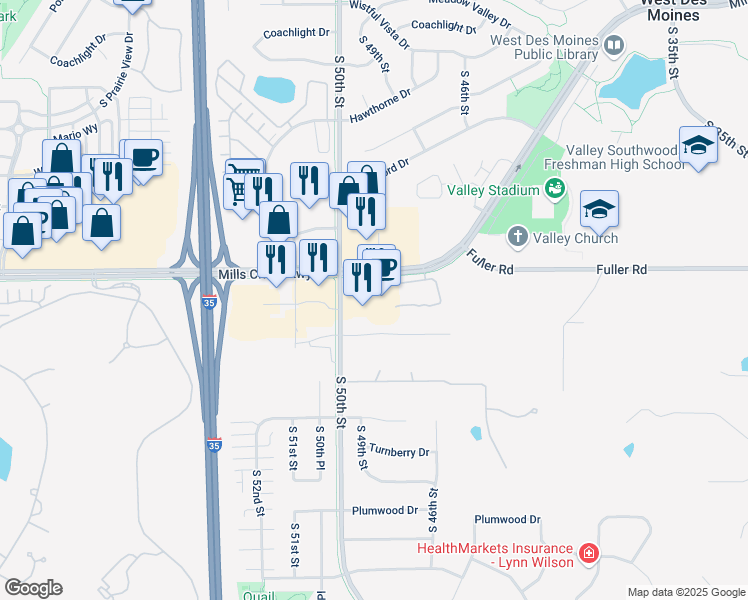 map of restaurants, bars, coffee shops, grocery stores, and more near 4800 Mills Civic Parkway in West Des Moines