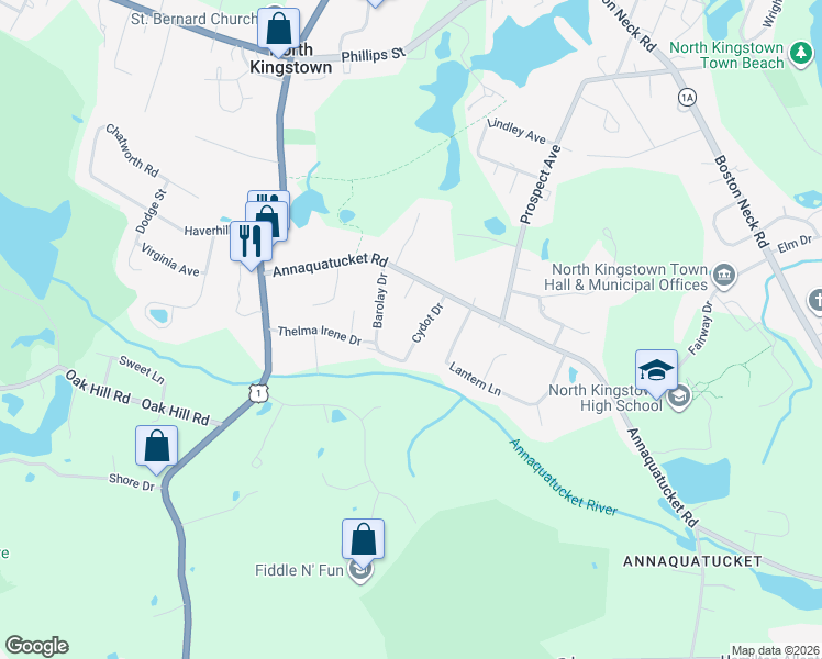map of restaurants, bars, coffee shops, grocery stores, and more near 27 Cydot Drive in North Kingstown