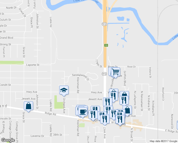 map of restaurants, bars, coffee shops, grocery stores, and more near 8505 Juniper Trail in Highland