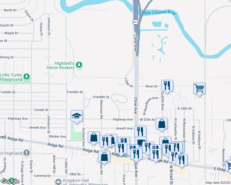 map of restaurants, bars, coffee shops, grocery stores, and more near 8505 Juniper Trail in Highland