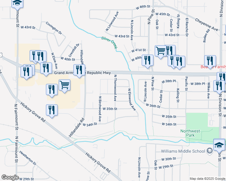 map of restaurants, bars, coffee shops, grocery stores, and more near 3812 North Thornwood Avenue in Davenport