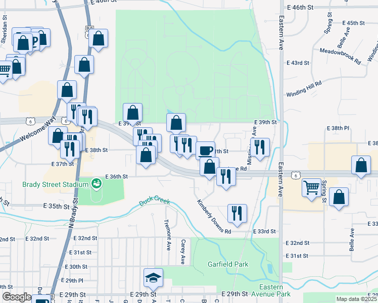 map of restaurants, bars, coffee shops, grocery stores, and more near 1140 East 37th Street in Davenport