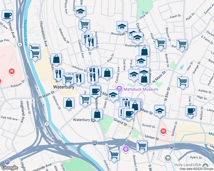 map of restaurants, bars, coffee shops, grocery stores, and more near 263 Grove Street in Waterbury