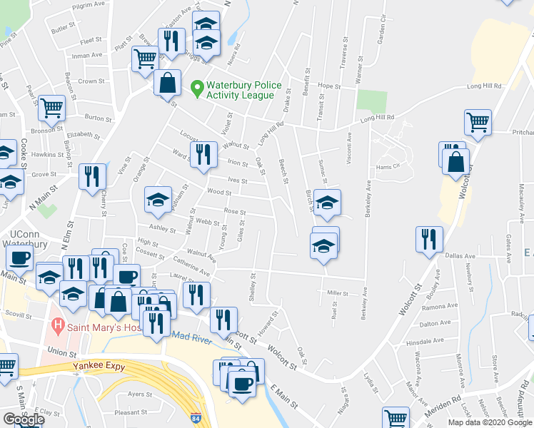 map of restaurants, bars, coffee shops, grocery stores, and more near 254 Wood Street in Waterbury