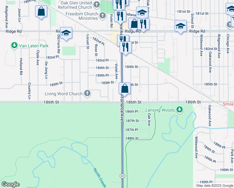 map of restaurants, bars, coffee shops, grocery stores, and more near 2355 185th Street in Lansing