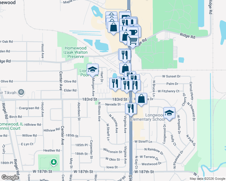 map of restaurants, bars, coffee shops, grocery stores, and more near 830 Elder Road in Homewood