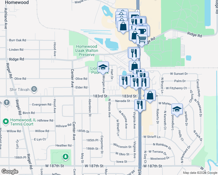 map of restaurants, bars, coffee shops, grocery stores, and more near 18227 Hart Drive in Homewood