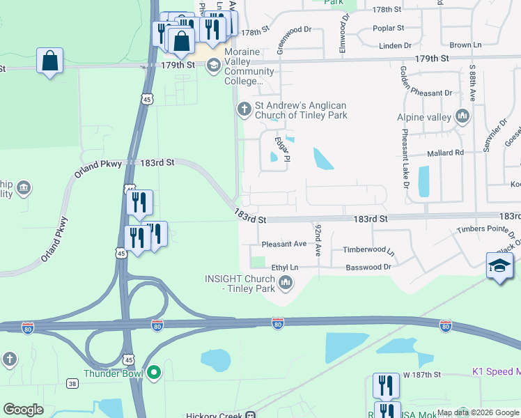 map of restaurants, bars, coffee shops, grocery stores, and more near 18258 Murphy Circle in Tinley Park