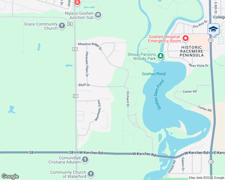 map of restaurants, bars, coffee shops, grocery stores, and more near 19775 Bluff Drive in Goshen