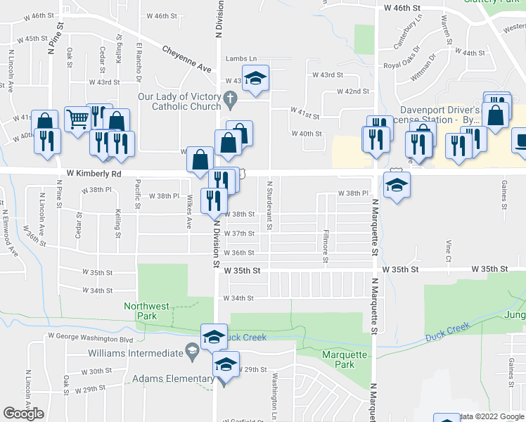 map of restaurants, bars, coffee shops, grocery stores, and more near 3802 North Sturdevant Street in Davenport