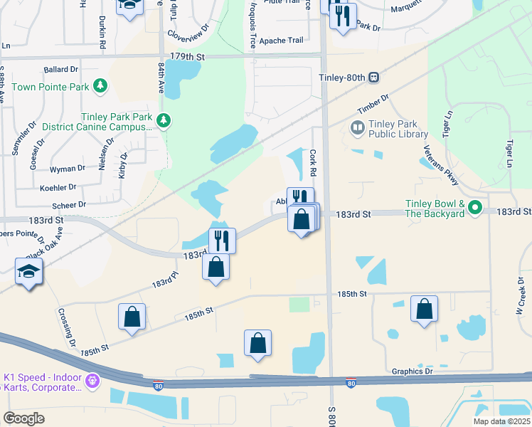 map of restaurants, bars, coffee shops, grocery stores, and more near 18280 Tralee Trail in Tinley Park