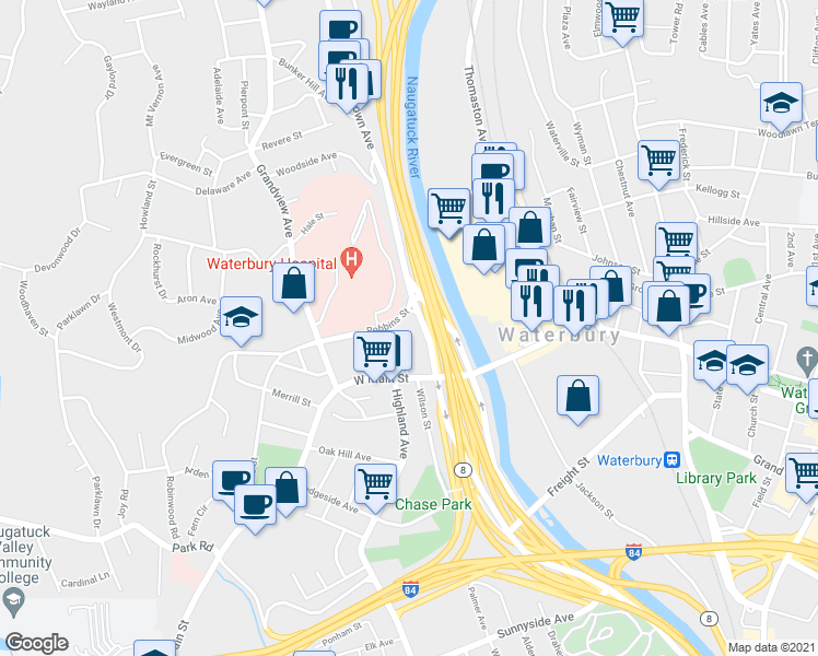 map of restaurants, bars, coffee shops, grocery stores, and more near 27 Robbins Street in Waterbury