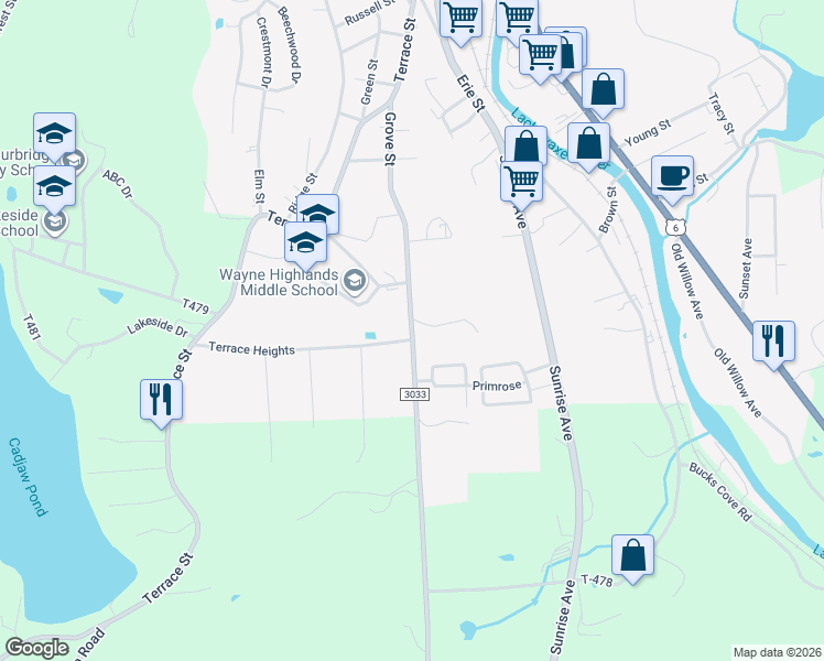 map of restaurants, bars, coffee shops, grocery stores, and more near State Route 3033 in Honesdale