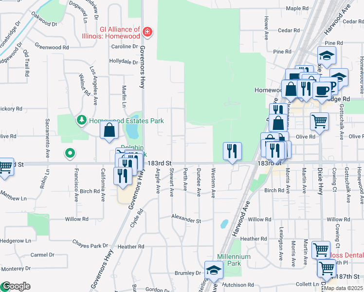 map of restaurants, bars, coffee shops, grocery stores, and more near 18210 Perth Avenue in Homewood
