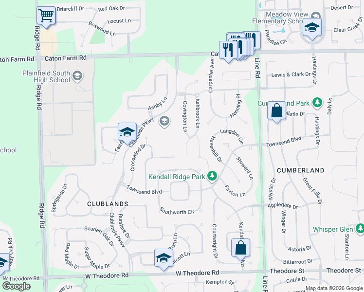 map of restaurants, bars, coffee shops, grocery stores, and more near 2117 Covington Lane in Plainfield