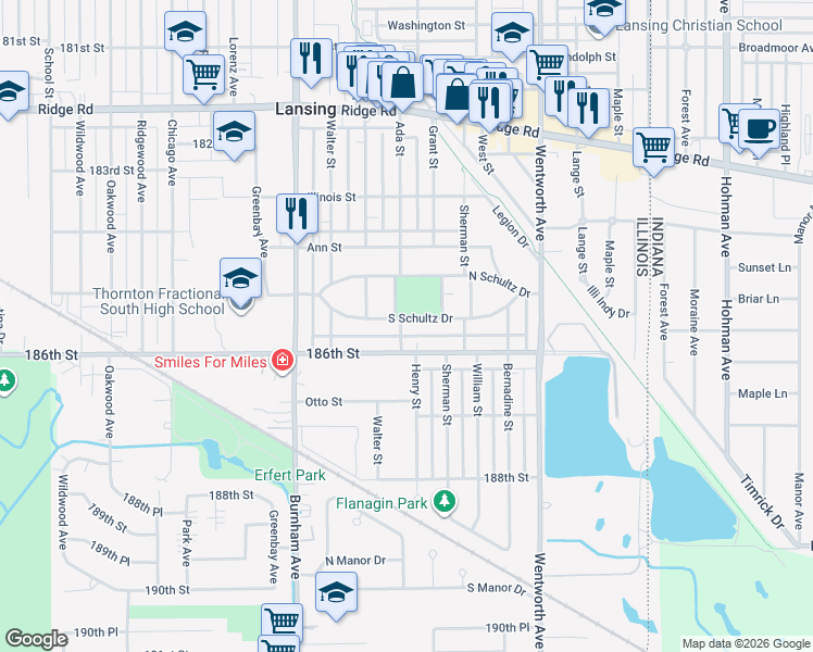 map of restaurants, bars, coffee shops, grocery stores, and more near 18454 Ada Street in Lansing