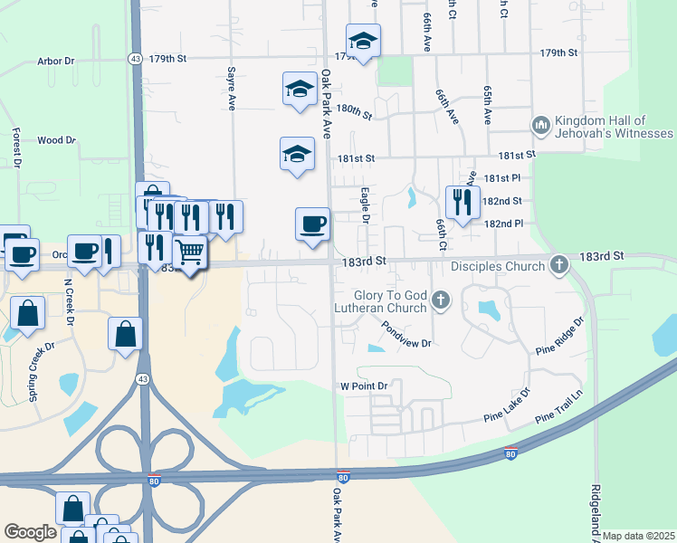 map of restaurants, bars, coffee shops, grocery stores, and more near 18300 Oak Park Avenue in Tinley Park