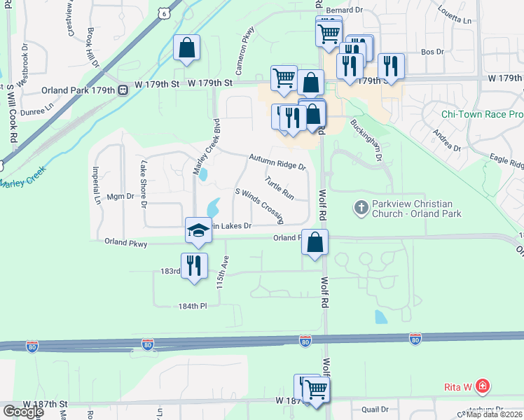 map of restaurants, bars, coffee shops, grocery stores, and more near 11334 South Winds Crossing in Orland Park