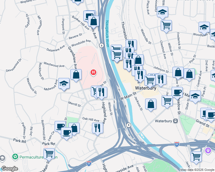 map of restaurants, bars, coffee shops, grocery stores, and more near 27 Robbins Street in Waterbury