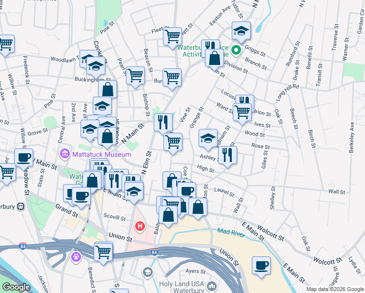 map of restaurants, bars, coffee shops, grocery stores, and more near 220 Cherry Street in Waterbury