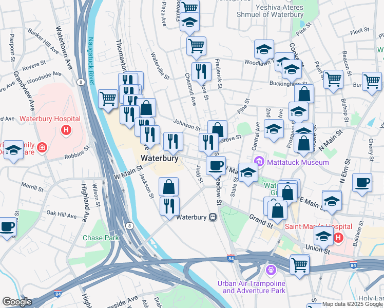 map of restaurants, bars, coffee shops, grocery stores, and more near 46 French Street in Waterbury