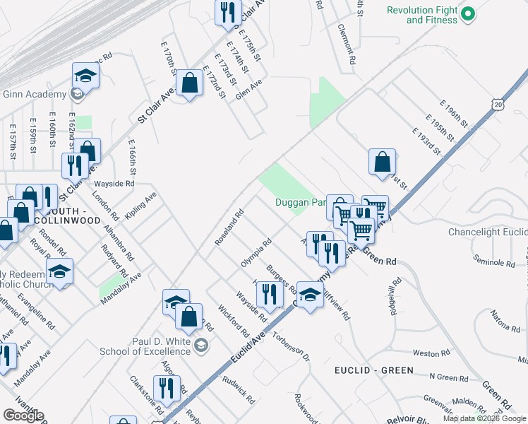 map of restaurants, bars, coffee shops, grocery stores, and more near 1630 Avalon Road in Cleveland
