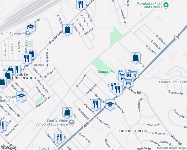 map of restaurants, bars, coffee shops, grocery stores, and more near 1630 Avalon Road in Cleveland