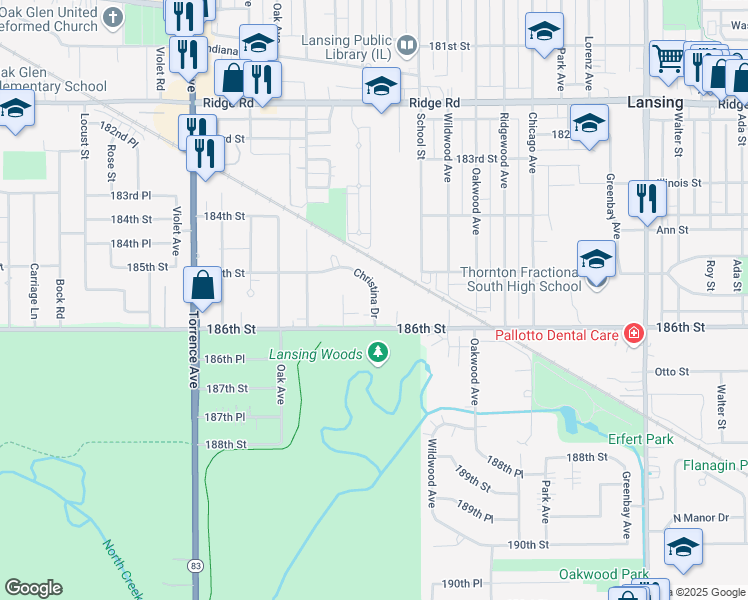 map of restaurants, bars, coffee shops, grocery stores, and more near 18509 Christina Drive in Lansing
