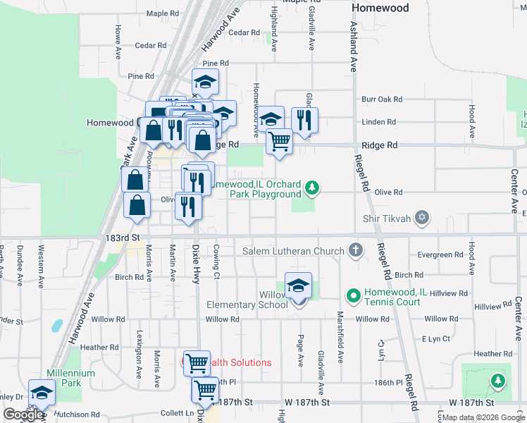 map of restaurants, bars, coffee shops, grocery stores, and more near 1824 Olive Road in Homewood