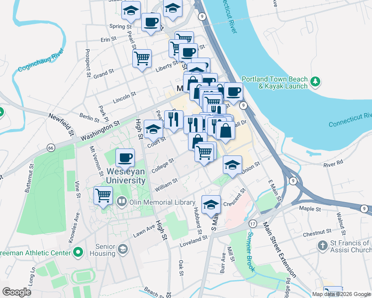 map of restaurants, bars, coffee shops, grocery stores, and more near 158 College Street in Middletown