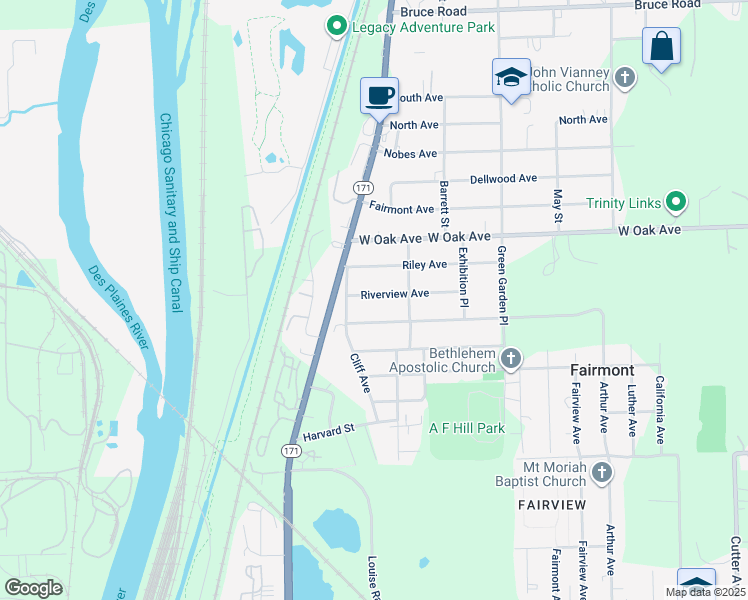 map of restaurants, bars, coffee shops, grocery stores, and more near 114 Riverview Avenue in Lockport