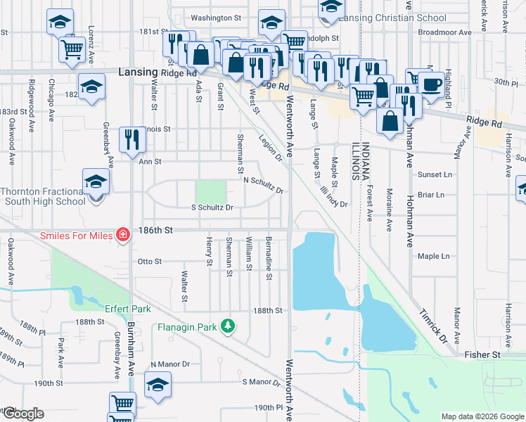 map of restaurants, bars, coffee shops, grocery stores, and more near 3464 South Schultz Drive in Lansing