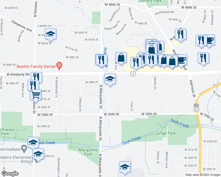 map of restaurants, bars, coffee shops, grocery stores, and more near 3801 North Marquette Street in Davenport