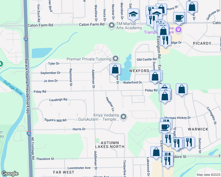 map of restaurants, bars, coffee shops, grocery stores, and more near 3427 Fiday Road in Joliet