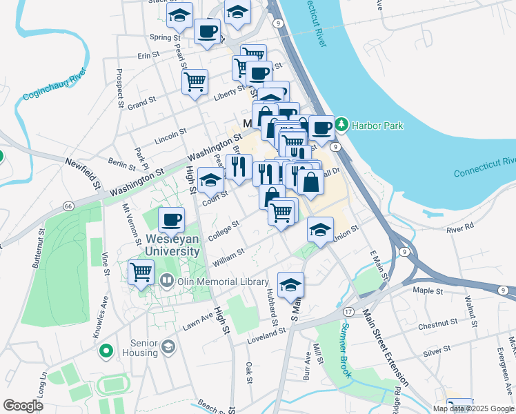 map of restaurants, bars, coffee shops, grocery stores, and more near 156 College Street in Middletown