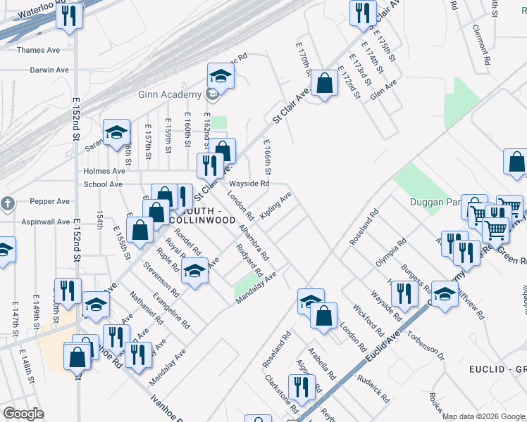map of restaurants, bars, coffee shops, grocery stores, and more near 16519 Kipling Avenue in Cleveland