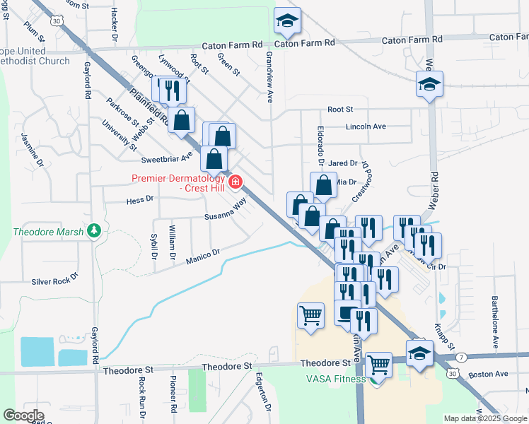 map of restaurants, bars, coffee shops, grocery stores, and more near 2024 Manico Court in Crest Hill