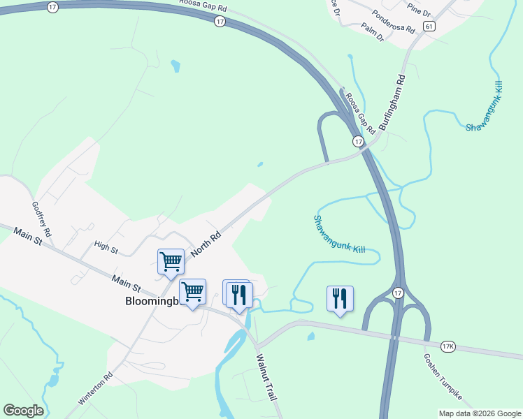 map of restaurants, bars, coffee shops, grocery stores, and more near 98 North Road in Bloomingburg