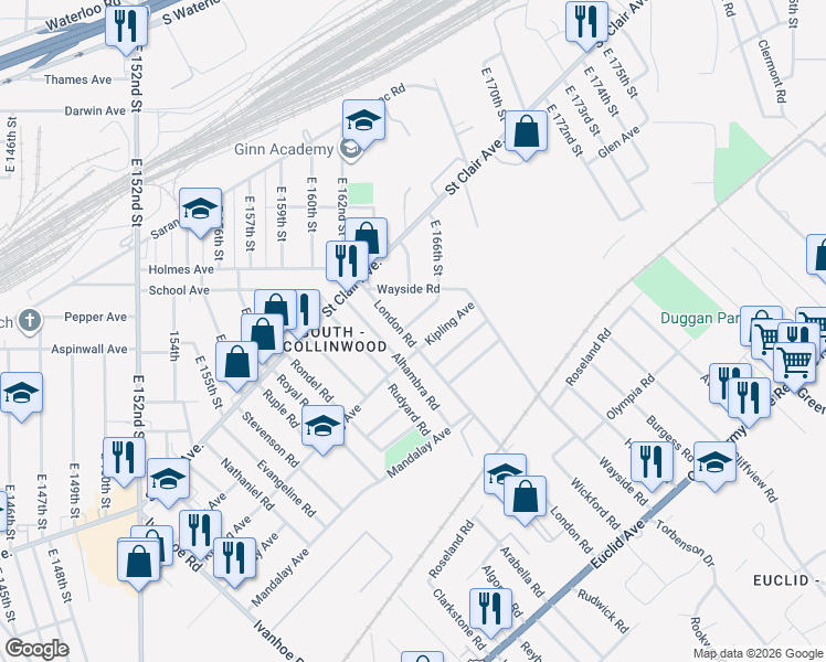 map of restaurants, bars, coffee shops, grocery stores, and more near 803 London Road in Cleveland