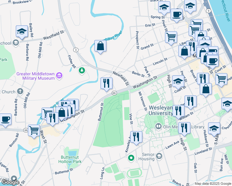 map of restaurants, bars, coffee shops, grocery stores, and more near 16 Jackson Street in Middletown