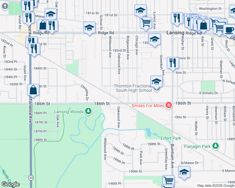 map of restaurants, bars, coffee shops, grocery stores, and more near 18540 Oakwood Avenue in Lansing