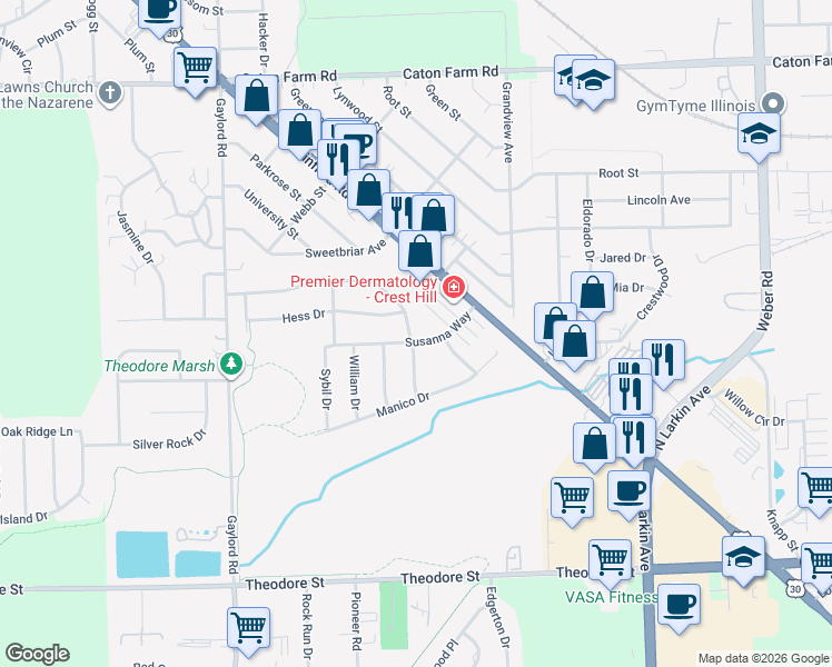 map of restaurants, bars, coffee shops, grocery stores, and more near 2140 Susanna Way in Crest Hill