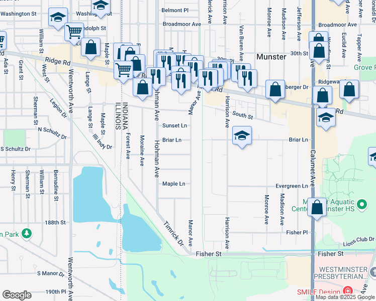 map of restaurants, bars, coffee shops, grocery stores, and more near 300-398 Briar Ln in Munster