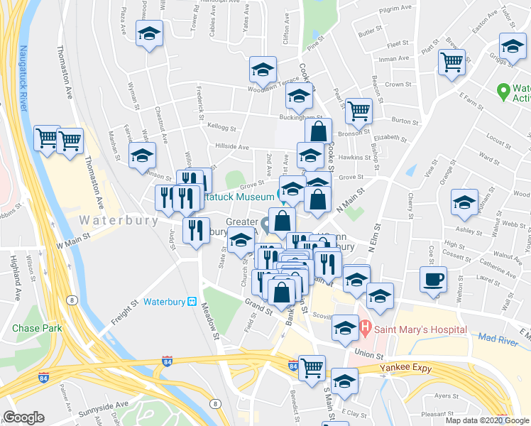 map of restaurants, bars, coffee shops, grocery stores, and more near 7 Gaffney Place in Waterbury