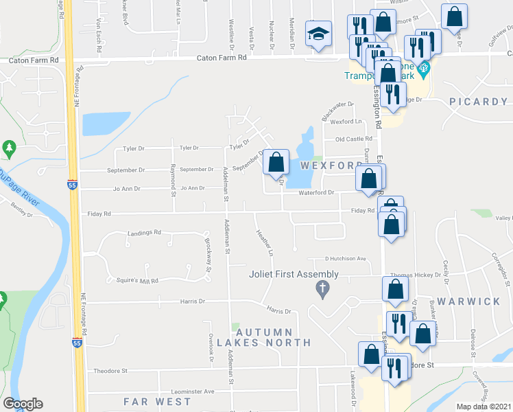map of restaurants, bars, coffee shops, grocery stores, and more near 3431 Fiday Road in Joliet