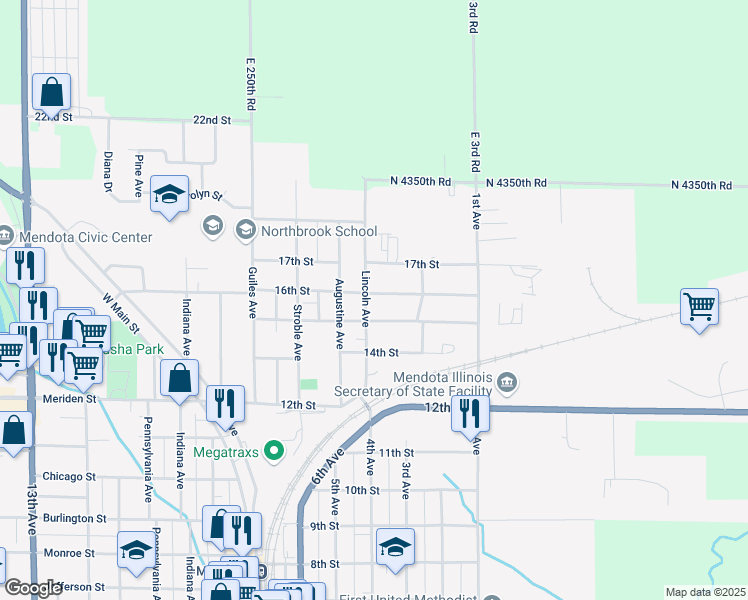 map of restaurants, bars, coffee shops, grocery stores, and more near 1703 Lincoln Avenue in Mendota